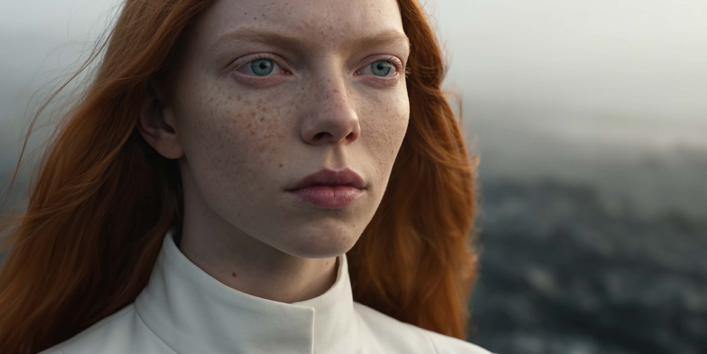 Extreme close-up of a young pale-skinned woman with long copper-red hair and heavy freckles, light blue-green eyes looking slightly off-camera to the right, wearing a high-collared cream/off-white tunic. Behind her, a ha
