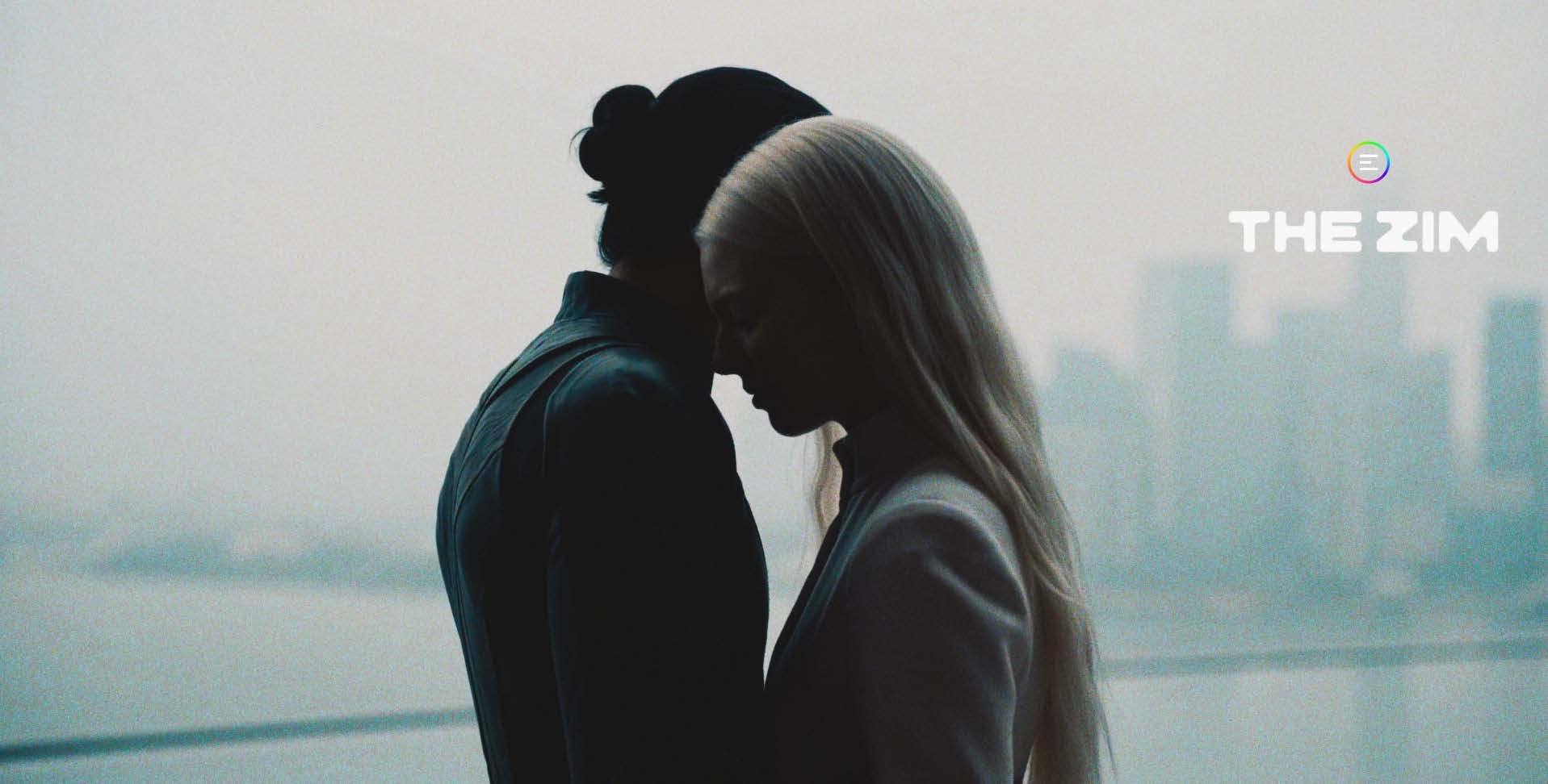 Two figures stand forehead to forehead in profile, near-silhouetted against a bright, hazy overexposed sky. The left figure has dark hair pulled into a top knot and wears a dark jacket with a shoulder strap; the right fi