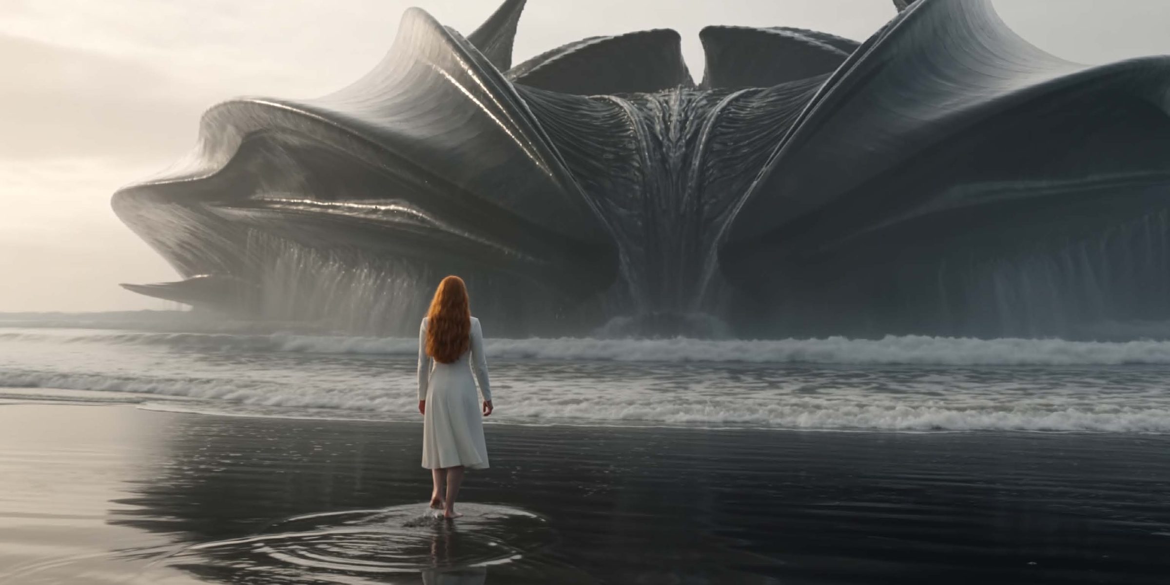 A woman with long red hair in a long-sleeved white dress stands barefoot and alone, back to camera, in a thin sheet of water on a dark reflective beach. Waves break behind her. Rising out of the sea beyond is an enormous